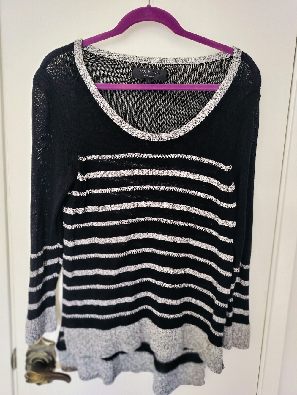 Rag & Bone 100% Cotton Black Gray Striped Sweater Hi Lo Hem Size Medium